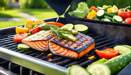 Grilled salmon fillet with herbs and fresh vegetables in healthy UK meals article