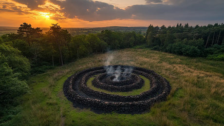 Spiral-shaped earthwork land art in a grassy field enhancing Welsh Charcoal article