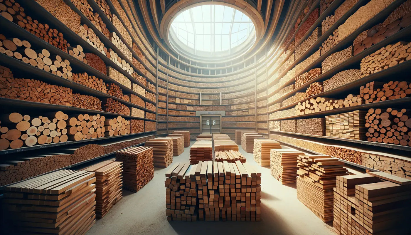 Circular warehouse stacked with various lumber types for Wood Properties and Kiln Drying Efficiency.