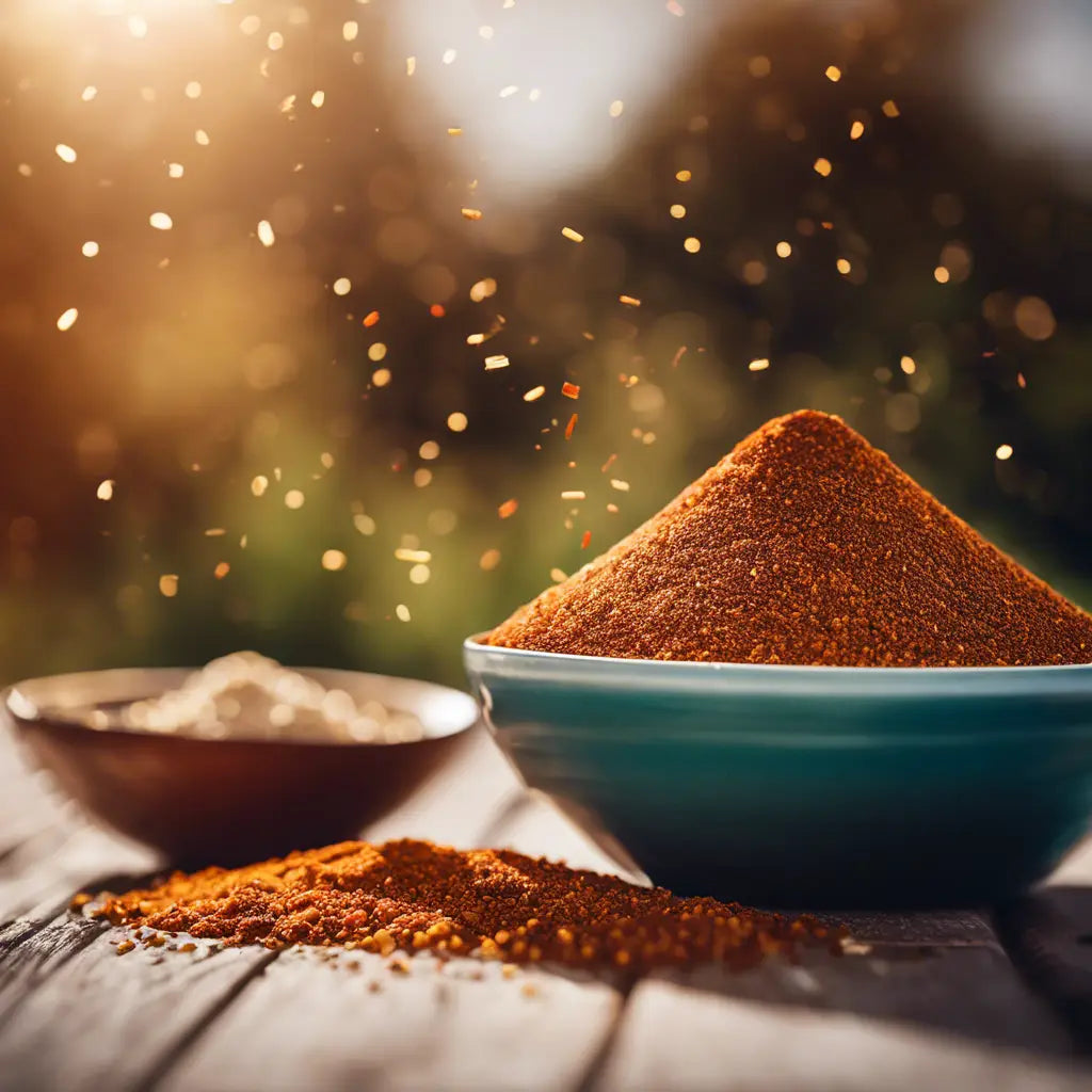 Mound Of Reddish-brown Barbecue Spice In a Blue Bowl From The Barbecue Spice Rubs Collection.