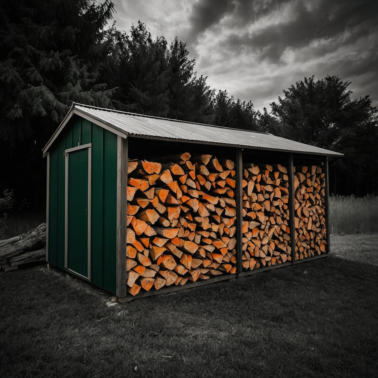green firewood shed outdoors, country side with trees behind