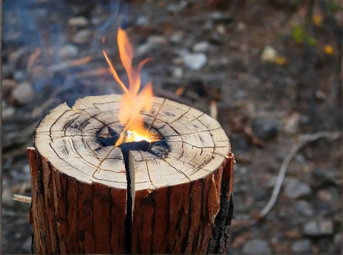Swedish Fire log aka Swedish Torch or Swedish candle lit in a forest while camping