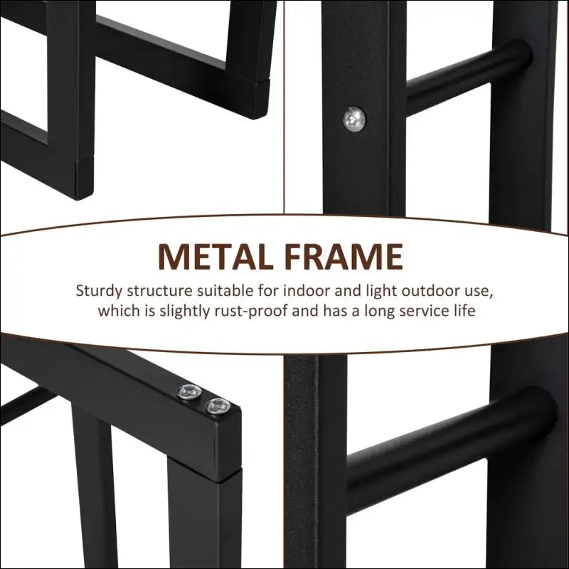 Black metal firewood rack with angular design and visible fasteners, 100kg capacity