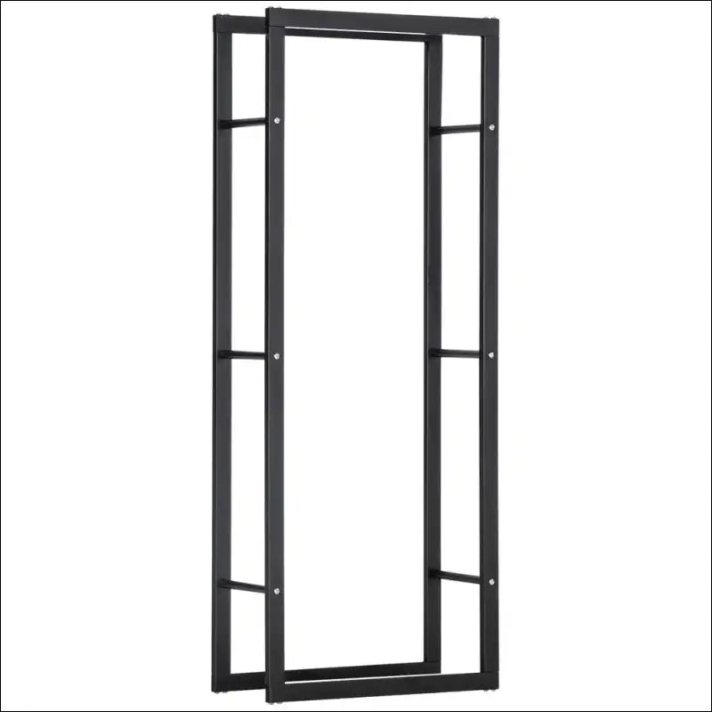 Black metal firewood rack with rectangular shape and horizontal bars for log storage