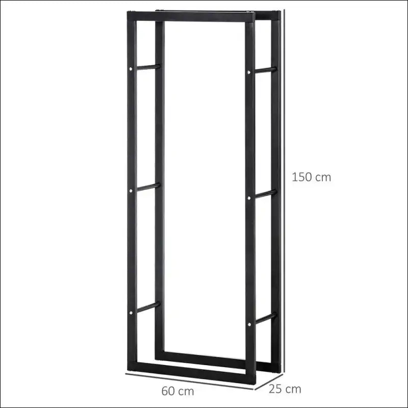 Black Metal Firewood Rack with labeled dimensions, 100kg capacity for logs