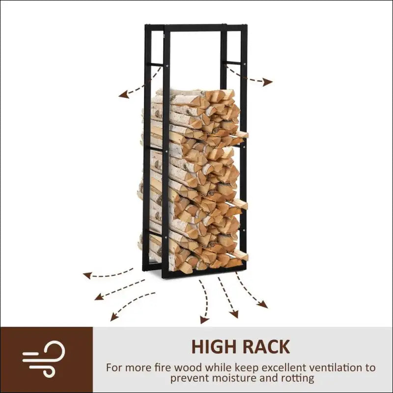 Metal firewood rack with stacked logs in a black metal elevated design