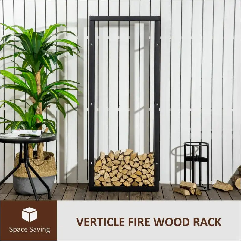 Vertical Black Metal Firewood Rack with Glass Front and 100kg Capacity for Log Storage