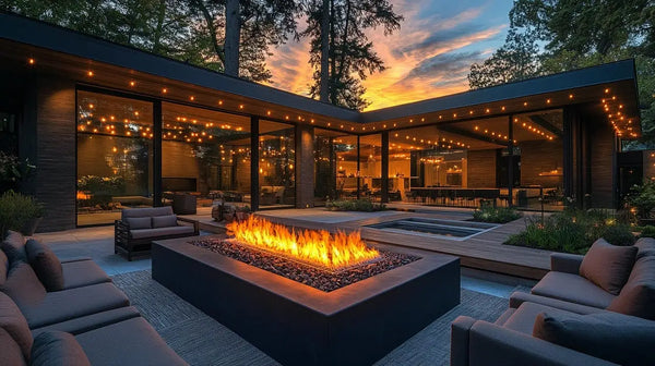 Fire pit with seating in a modern patio, showcasing summer firewood creativity.