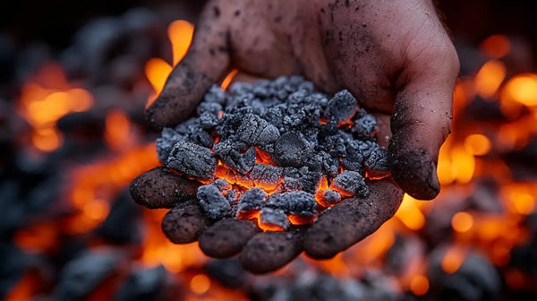 Hand holding hot coals with glowing embers in firewood ash article.