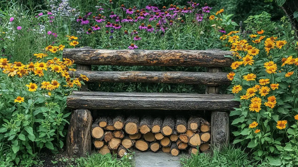 Rustic wooden bench with firewood and vibrant flowers in summer garden setting.