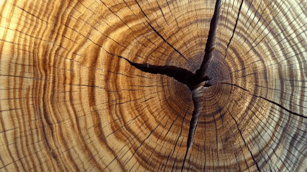 Cross-section of a tree trunk illustrating growth rings and a central crack.