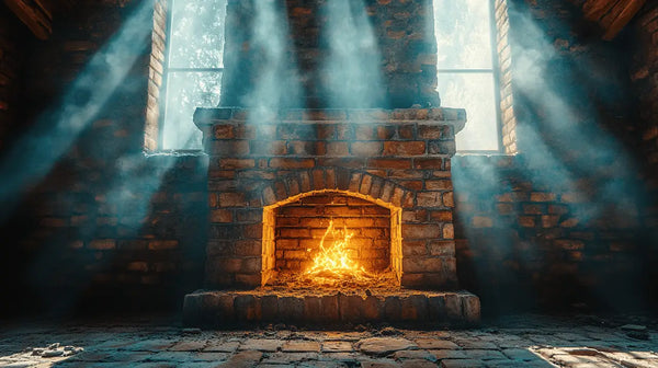 Cozy brick fireplace with a glowing fire and natural light streaming in from windows