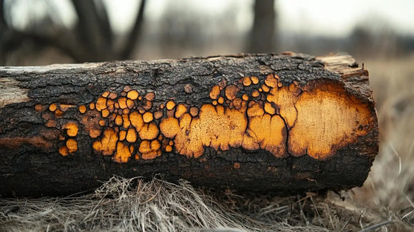 Decaying log adorned with vibrant orange fungus in a discussion on firewood costs.