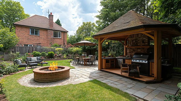 Backyard patio featuring a fire pit and covered outdoor kitchen for entertaining.