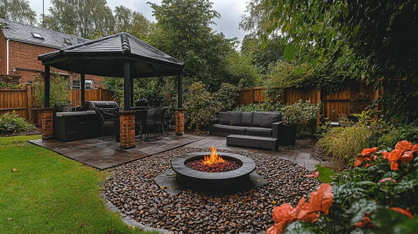 Circular fire pit surrounded by pebbles in a cozy outdoor patio setting.