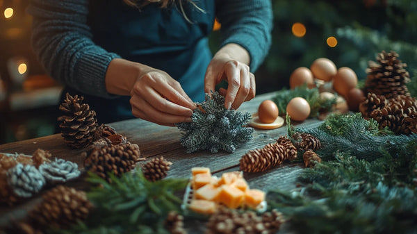 Hands crafting a Christmas wreath with pine branches and ornaments for holiday decor.