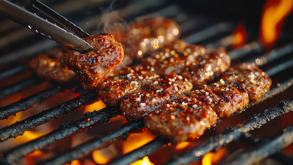 Sizzling meat kebabs grilling over open flames in a barbecue setting.