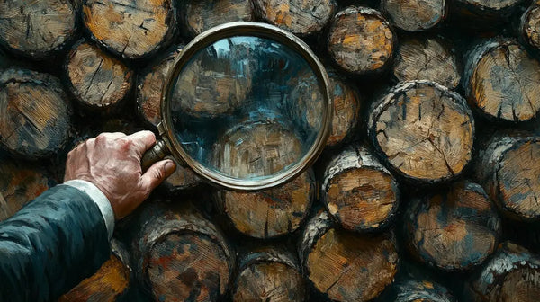 Magnifying glass inspecting cut logs in article about the true cost of firewood.