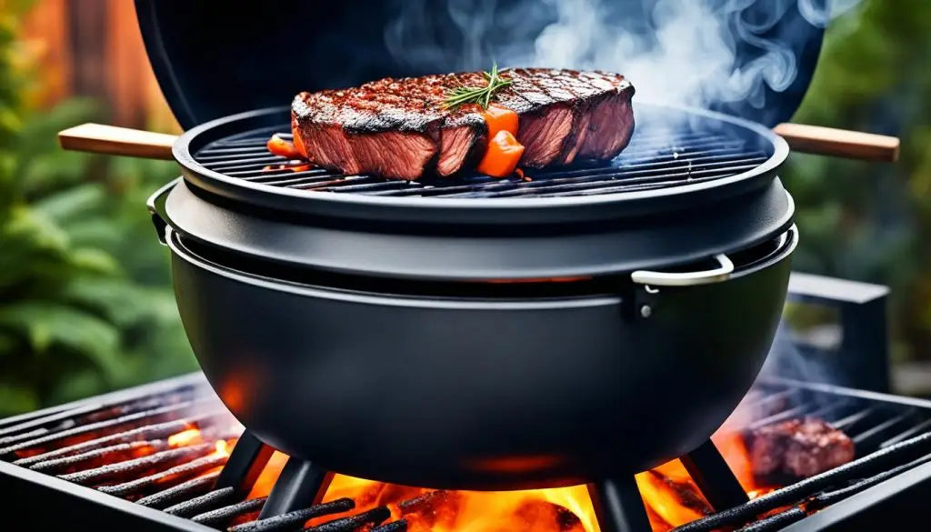 Juicy steak sizzling on a barbecue grill with smoke for World Whisky Day BBQ.