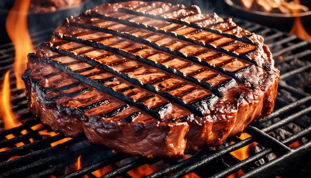 Juicy grilled steak with sear marks on a barbecue grill in BBQ flavor article.