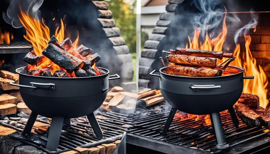 Portable charcoal grills with flames and food sizzling on grates for flavorful BBQ.