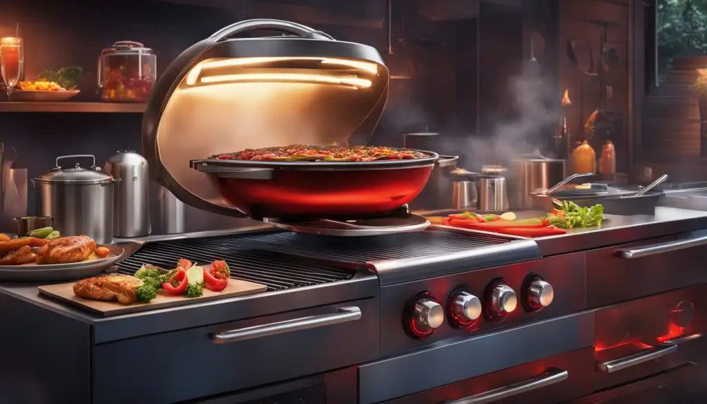 Sleek modern kitchen stove with glowing red cooktop and illuminated hood for BBQ skills.