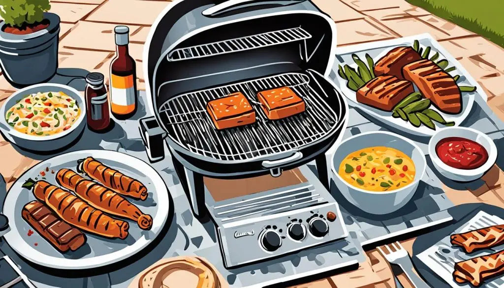 Gas grill with sizzling food and dishes displayed in BBQ skills enhancement article.