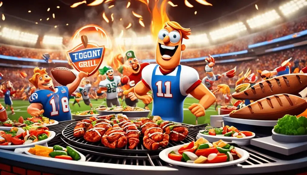 Animated football player character grilling food at a lively tailgate party.