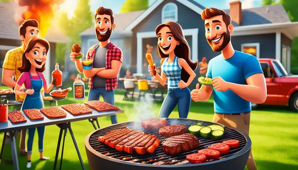 Barbecue grill featuring sausages and burgers cooking for a lively BBQ party.