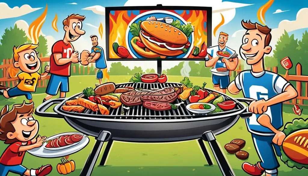 Barbecue grill with meats and vegetables cooking outdoors for a football watch party.