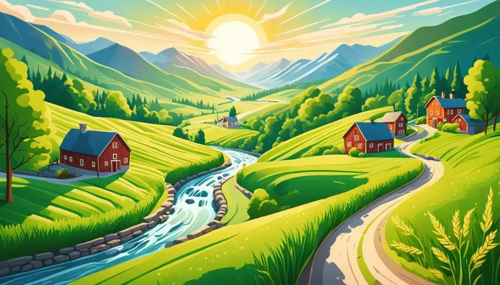 Vibrant countryside landscape with rolling hills and rustic farmhouses at sunrise.