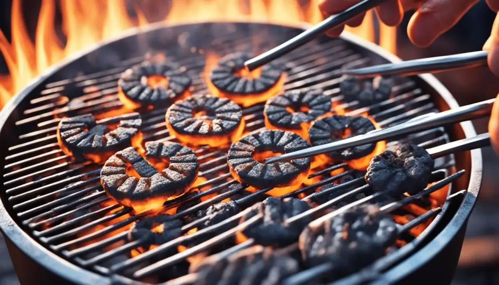 Grilled mushrooms on a barbecue grill with flames for low and slow grilling mastery.