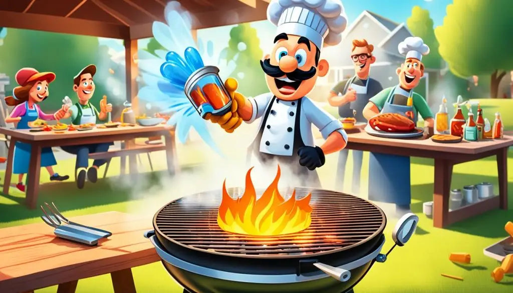 Cartoon chef grilling at barbecue, wearing oven mitt and chef’s hat for safe cooking.