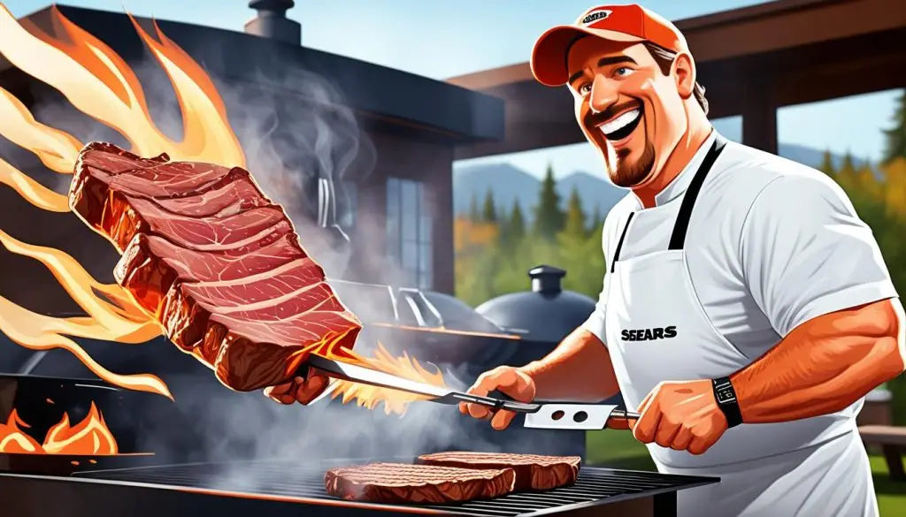 Animated chef grilling a large steak with flames, illustrating grilling techniques.