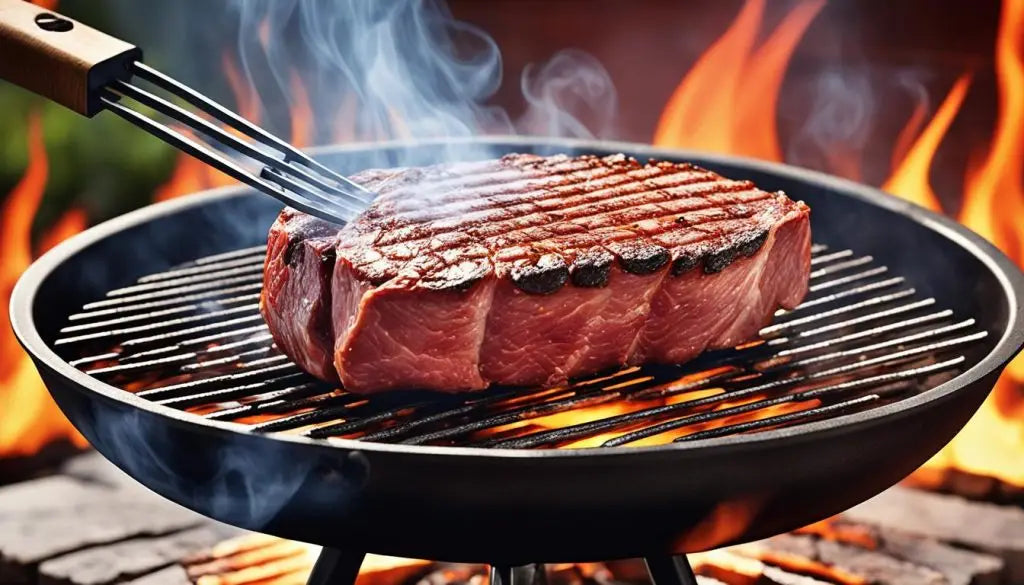 Thick juicy steak sizzling on a grill with flames and grill marks at a barbecue.