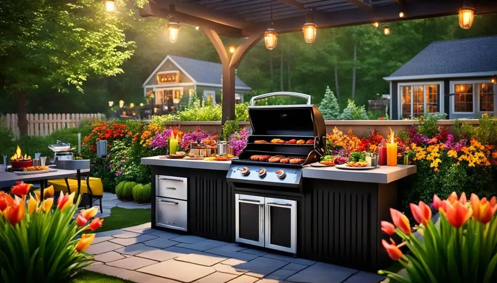 Outdoor kitchen featuring a grill and countertop amidst a vibrant garden setting.