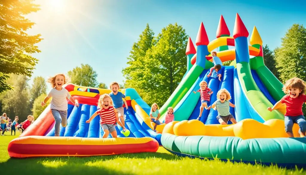 Colorful inflatable bounce house with slides and castle structures for Kids Football BBQ Funday.