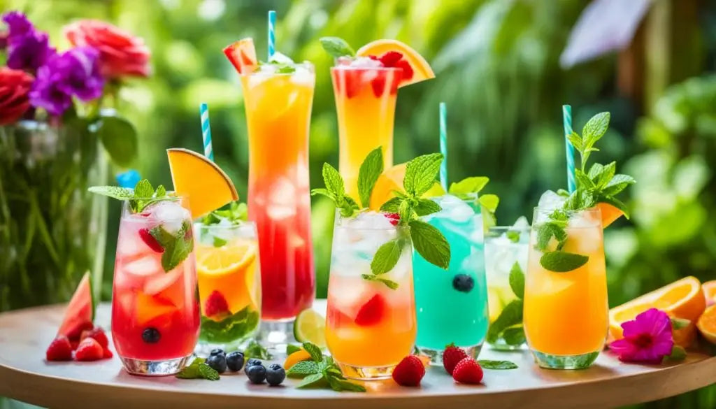 Colorful array of tropical fruit cocktails garnished with fresh fruits and herbs