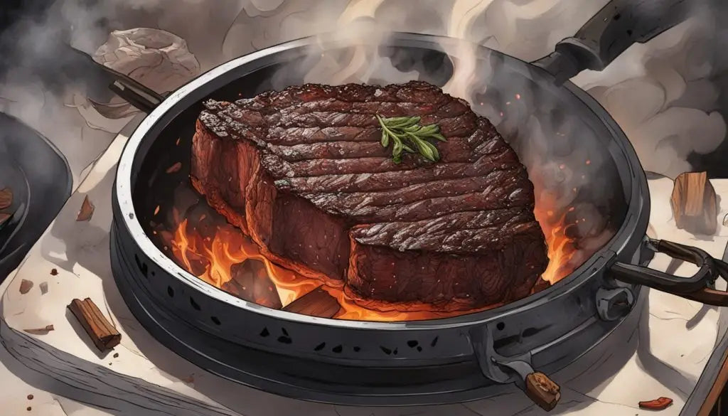 Sizzling steak in a cast-iron pan over hot coals for advanced BBQ techniques.