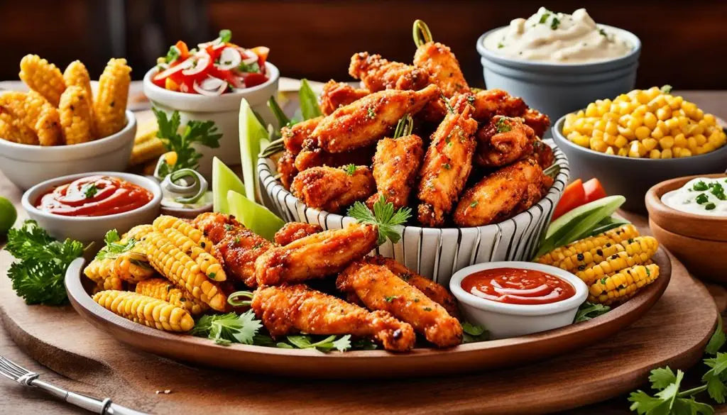 Crispy fried chicken wings with sides and sauces for a football-themed BBQ party.