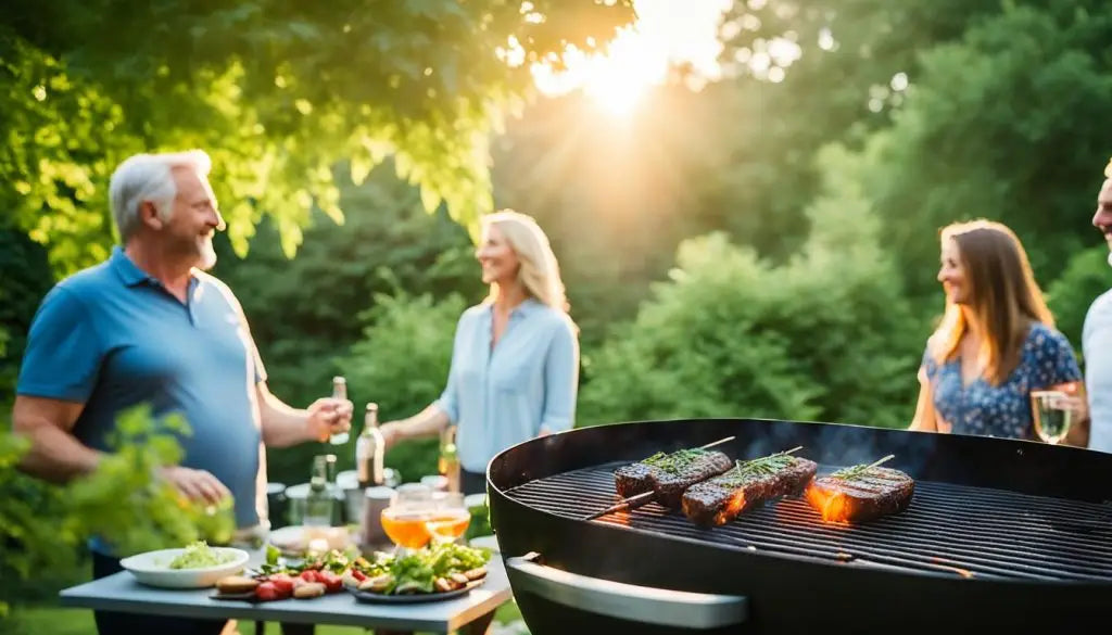 Barbecue grill with sizzling meat, perfect for a summer solstice BBQ night.