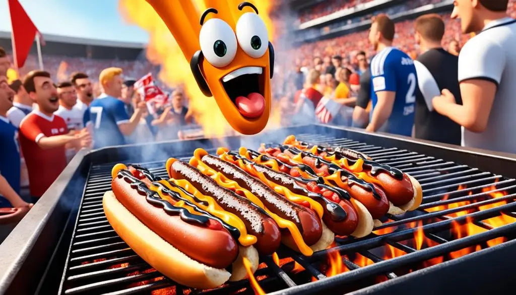 Animated hot dog character eagerly watching fellow hot dogs cook on a grill.