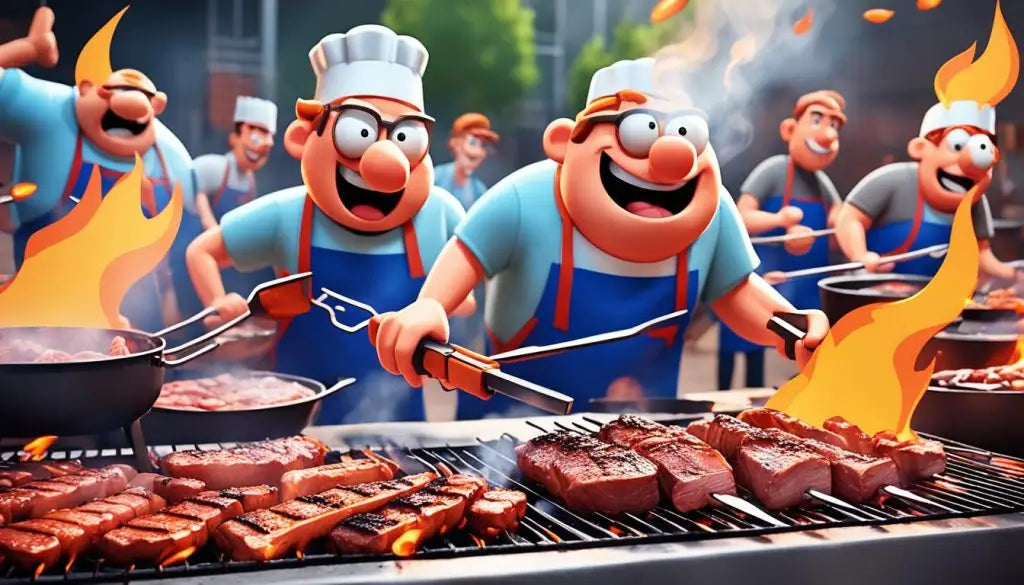 Animated chefs joyfully grilling meat on flaming barbecues for a vibrant BBQ party.