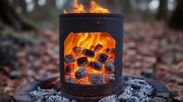 Cylindrical metal fire pit with glowing coals and flames in a BBQ fuel article