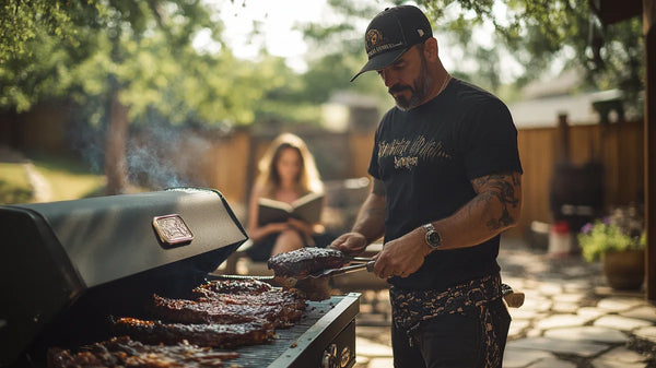 Barbecue grill with meat being cooked by a person in a black t-shirt and cap.