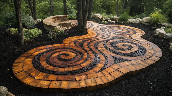 Curved garden path adorned with colorful stone tiles featuring intricate spiral patterns.