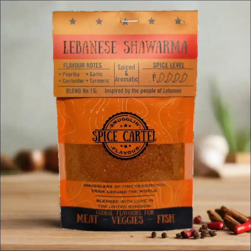 Resealable Pouch Of Lebanese Shawarma Spice Blend On Wooden Table, Awakening Taste Buds