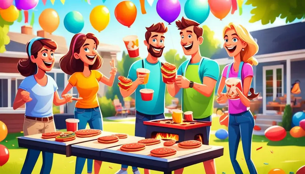 Colorful outdoor party with guests enjoying food and drinks under festive balloon decor