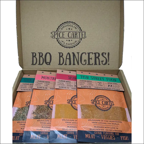 Bbq Bangers Gift Box Featuring Vegan Friendly Rubs With Black Pepper And Thai Street Food Flavors