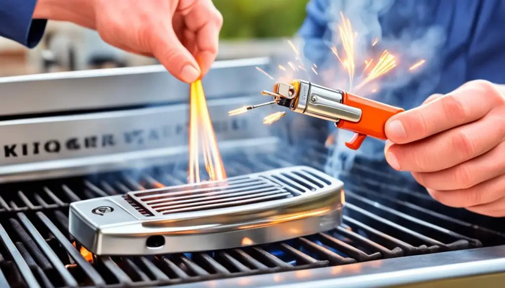 Outdoor gas grill being ignited by a torch for effective BBQ cooking.